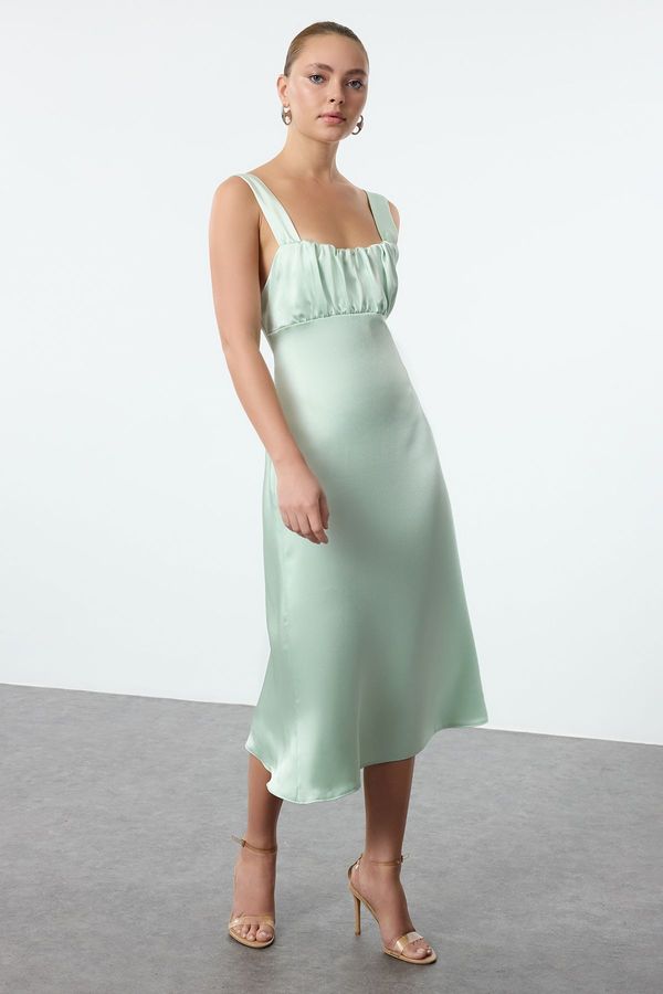 Trendyol Trendyol Mint Chest Detail Satin Strappy Midi Woven Dress