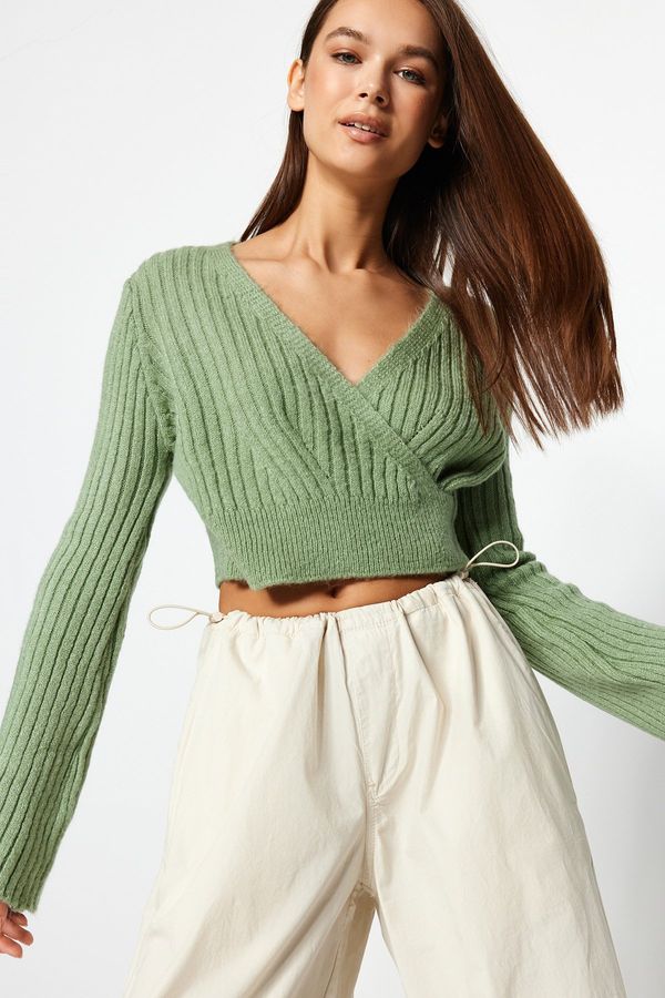 Trendyol Trendyol Mint Crop mehak teksturiran pulover za pletenine z dvojnimi prsi