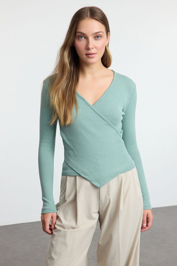 Trendyol Trendyol Mint Fitted Double Breasted Neck Long Sleeve Ribbed Stretchy Knitted Blouse