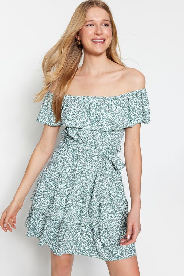 Trendyol Trendyol Mint Floral Printed Carmen Collar Flounce and Ruffle Detailed Mini Knitted Dress