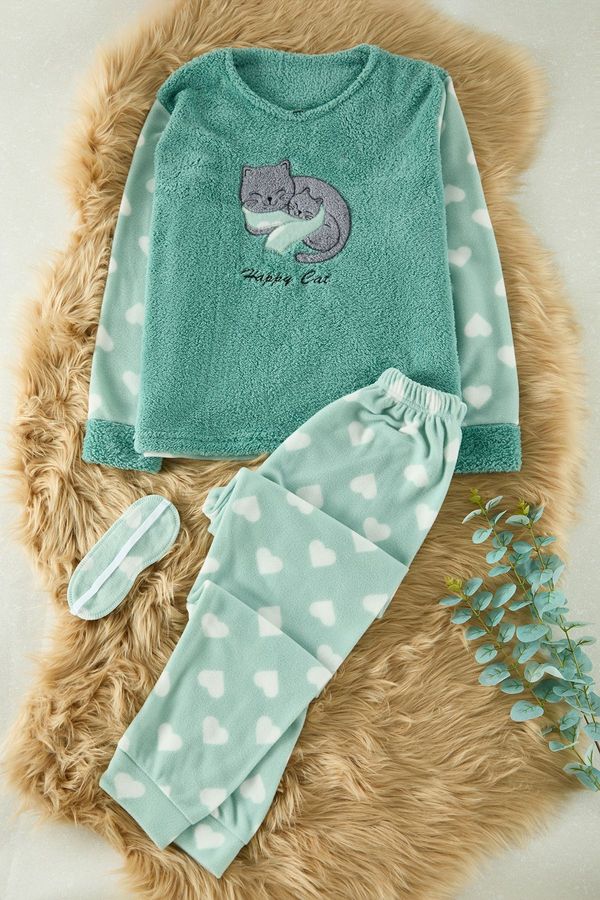 Trendyol Trendyol Mint Heart Cat Embroidered Sleep Band Polar Fleece Winter Knitted Pajama Set