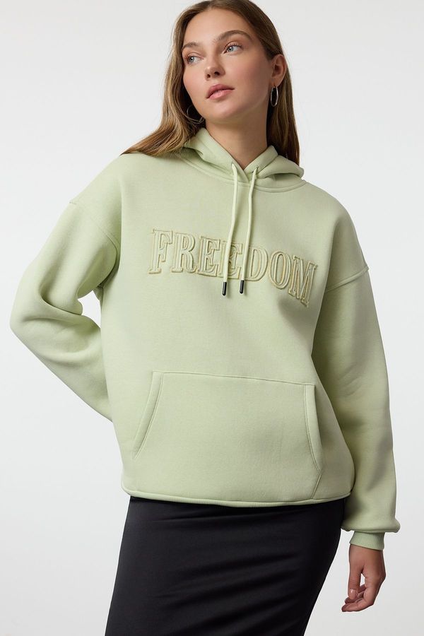 Trendyol Trendyol Mint Hooded Oversize/Wide Pattern Thick Polar Fleece Knitted Sweatshirt