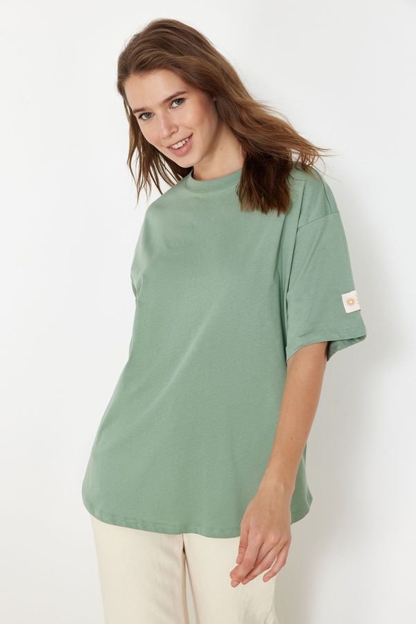 Trendyol Trendyol Mint More Sustainable 100% Cotton Oversize Cut Woven Label Knitted T-Shirt