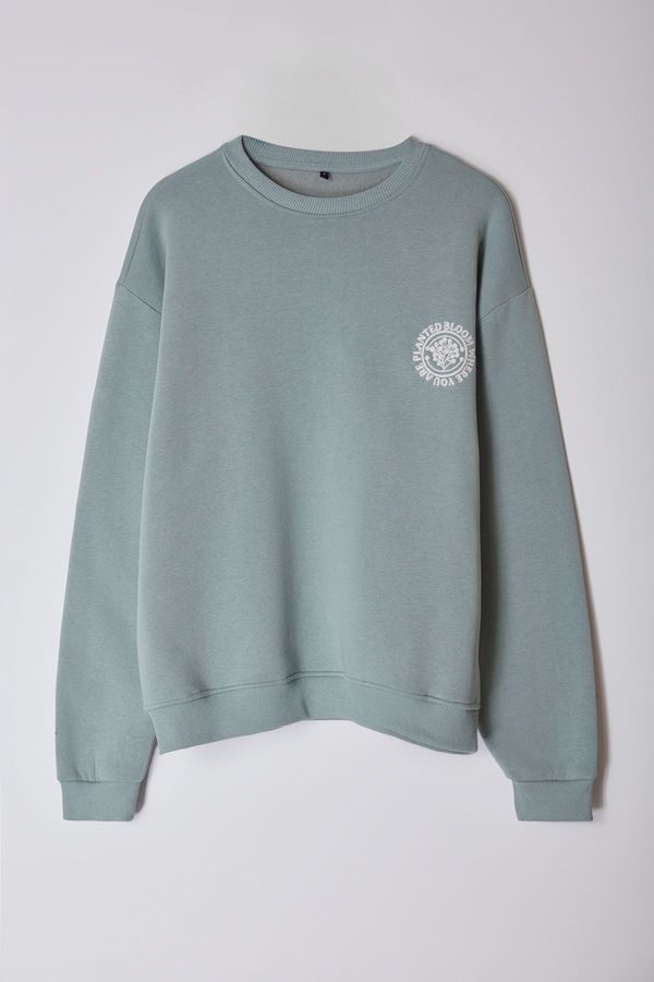 Trendyol Trendyol Mint Oversize/Wide Cut Floral Embroidered Fleece Lined Cotton Sweatshirt