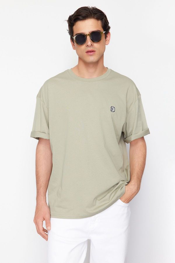 Trendyol Trendyol Mint Oversize/Wide Cut Short Sleeve Embroidered 100% Cotton T-Shirt