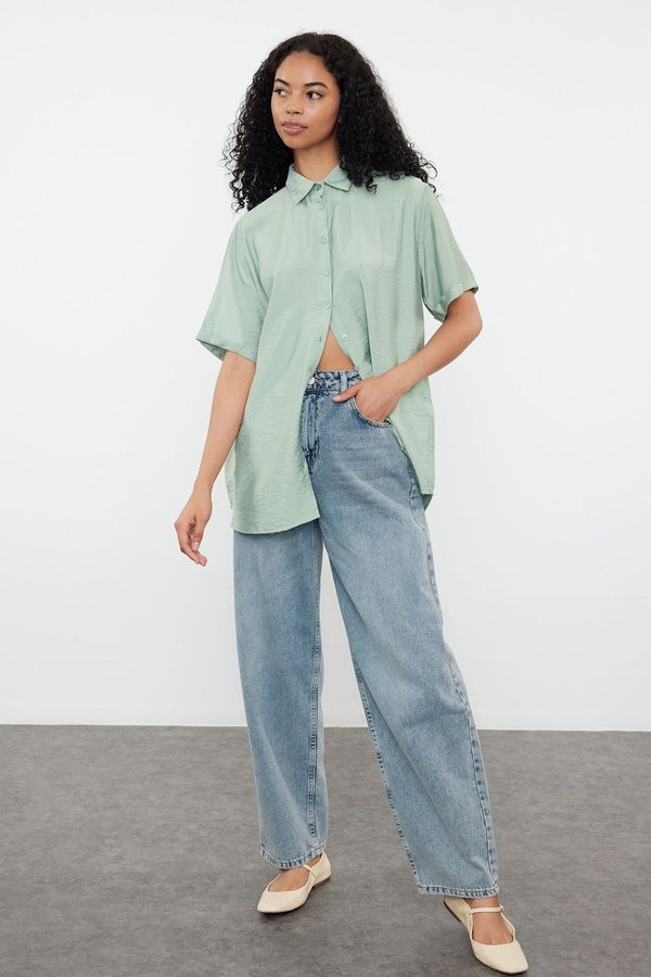 Trendyol Trendyol Mint Pocket Oversize Wide Pattern Woven Shirt