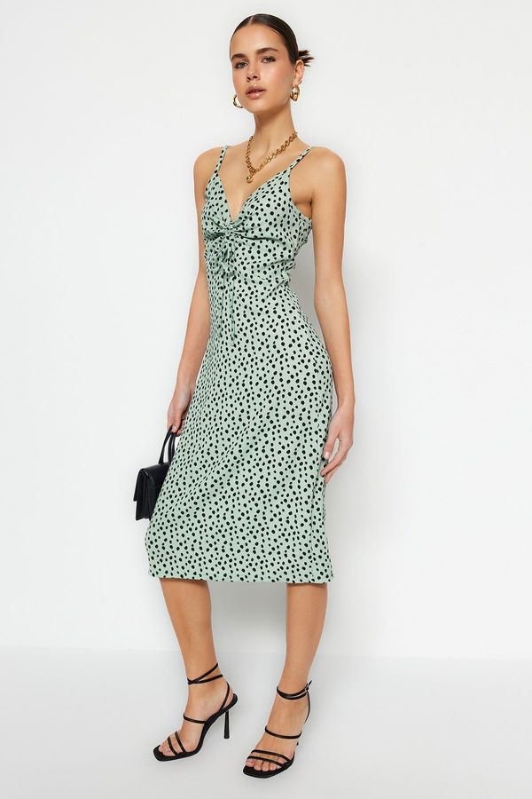 Trendyol Trendyol Mint Polka Dot Print Crepe pletena midi obleka z odprtim pasom / skater trakovi