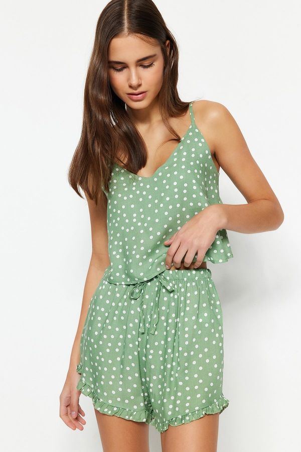 Trendyol Trendyol Mint Polka Dot Ruffle Detailed Rope Strap Viscose Woven Pajama Set