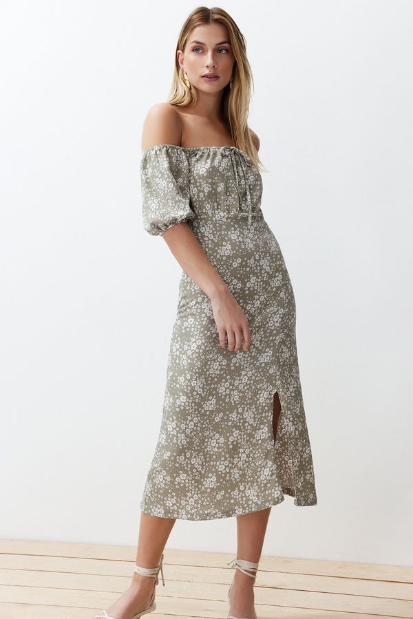 Trendyol Trendyol Mint Printed Slit Carmen Collar Gathered Textured Stretch Knitted Maxi Dress