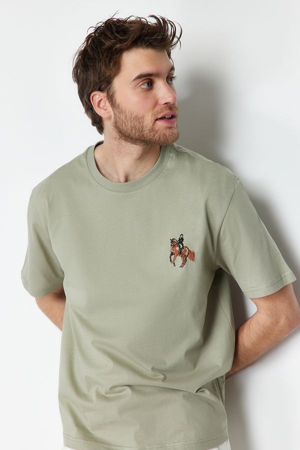 Trendyol Trendyol Mint Relaxed/Relaxed Cut Horse/Animal Embroidered Short Sleeve 100% Cotton T-Shirt