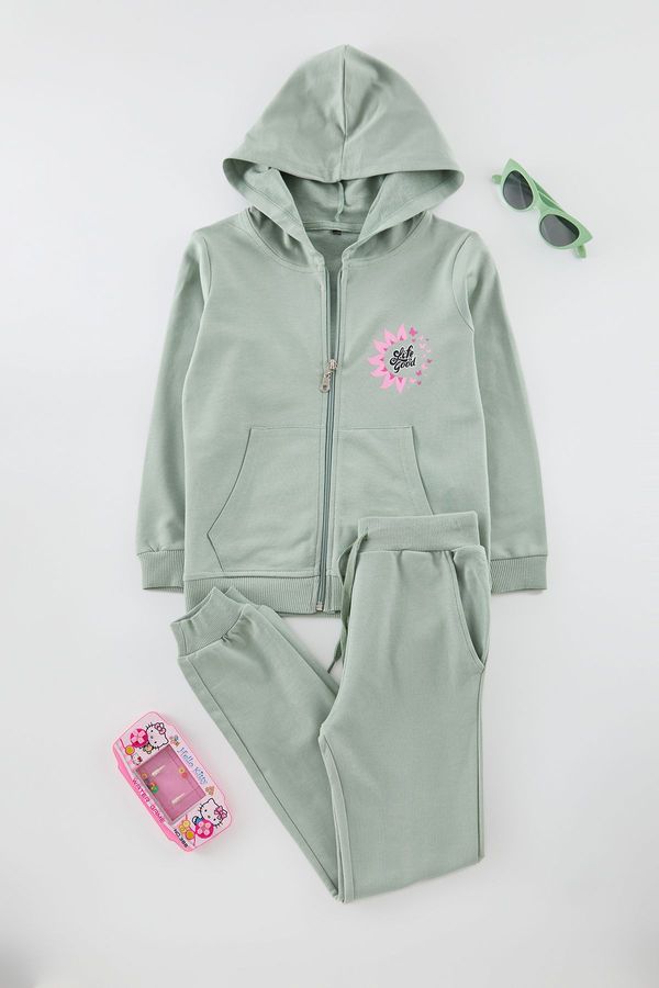 Trendyol Trendyol Mint Slogan Cotton Knitted Bottom-Top Set