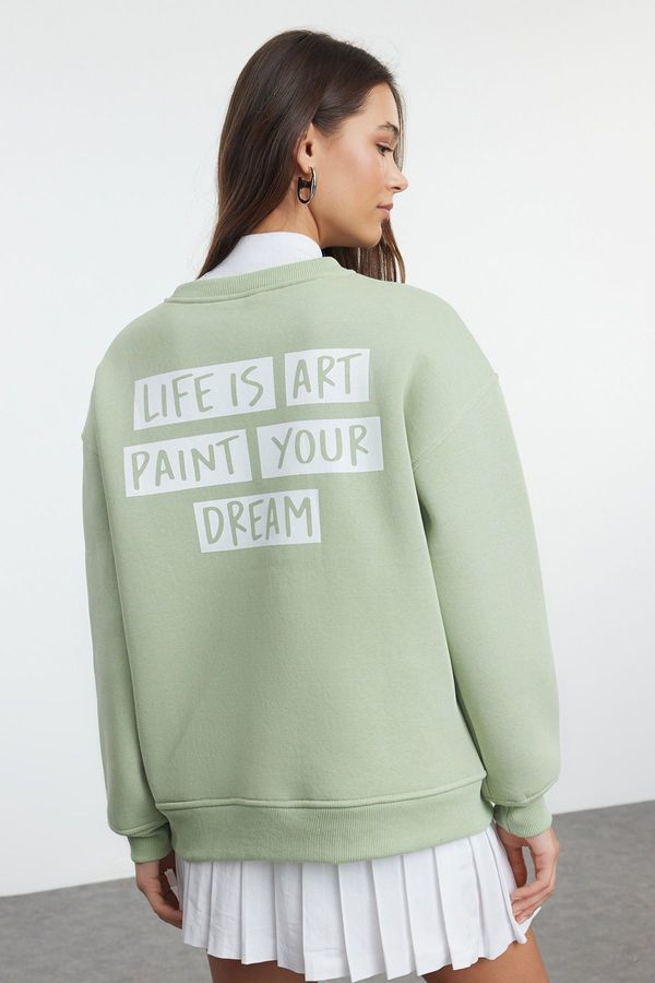 Trendyol Trendyol Mint Slogan Oversize / Wide Fit Thick Fleece Inside Knitted Sweatshirt