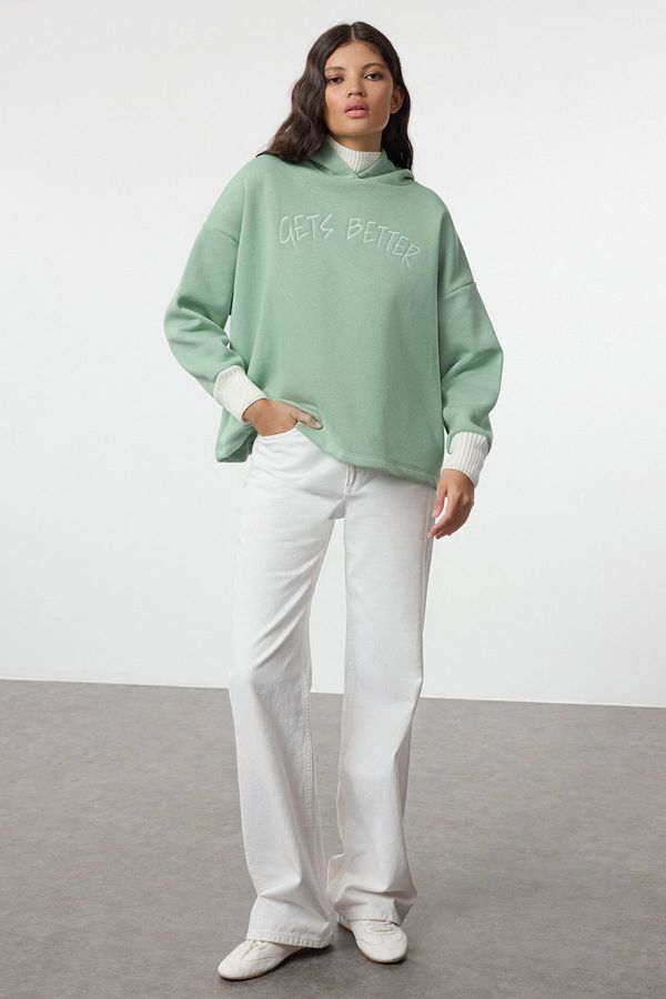 Trendyol Trendyol Mint Thick Fleece Knitwear Hooded Knitted Sweatshirt with Tape Detail