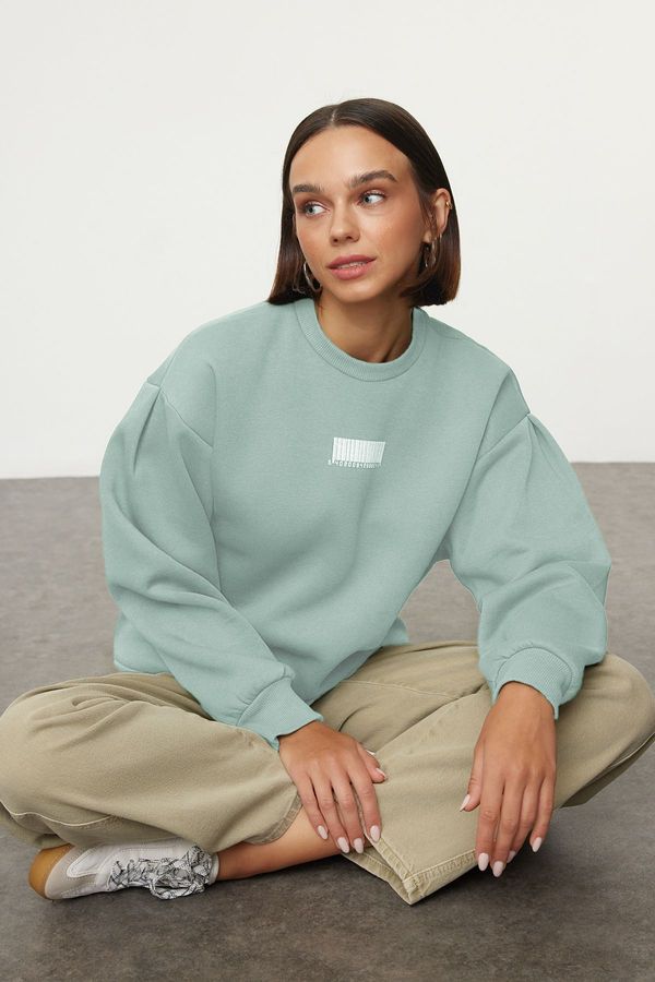 Trendyol Trendyol Mint Thick Polar Fleece Minimal Printed Balloon Sleeve Knitted Sweatshirt