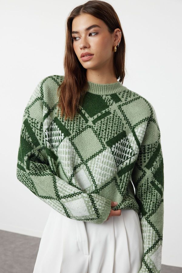 Trendyol Trendyol Mint Wide Fit Crop Soft Textured Patterned Knitwear Sweater
