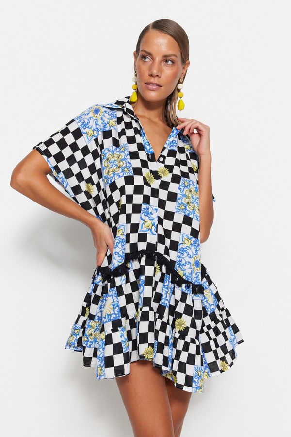 Trendyol Trendyol mozaik vzorčasti ruffles beach obleka