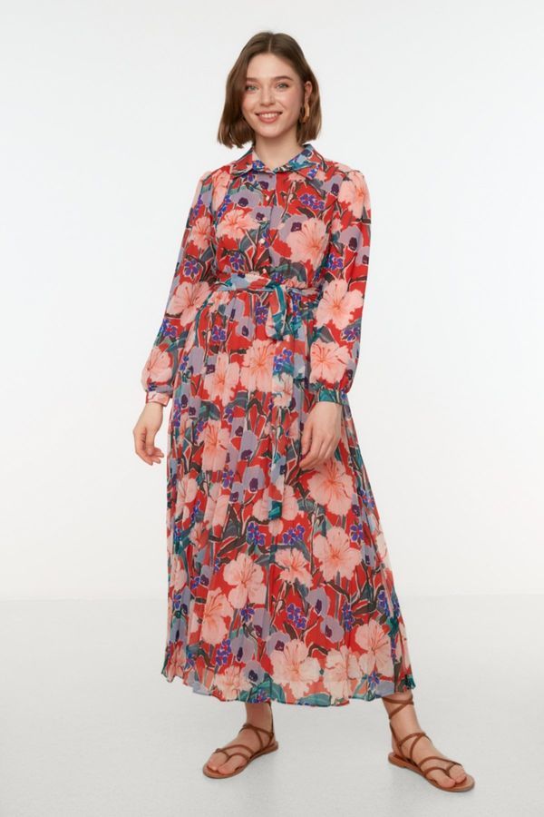 Trendyol Trendyol Multi Color Floral Pattern Shirt Collar Belted Lined Chiffon Woven Dress