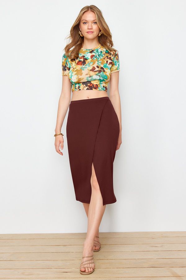 Trendyol Trendyol Multi-Colored Printed Flexible, Fitted and Midi Length Knitted Blouse and Skirt Top and Bottom Set