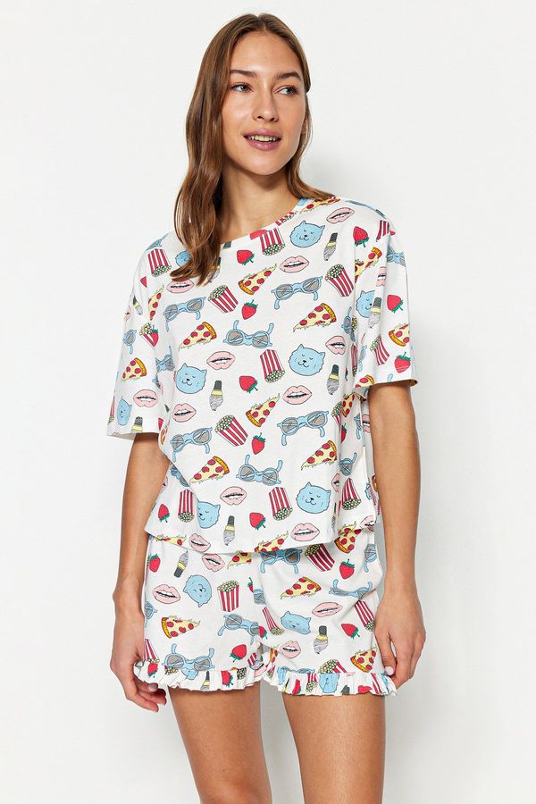 Trendyol Trendyol Multicolored 100% Cotton Printed Detailed T-shirt-Shorts Knitted Pajama Set