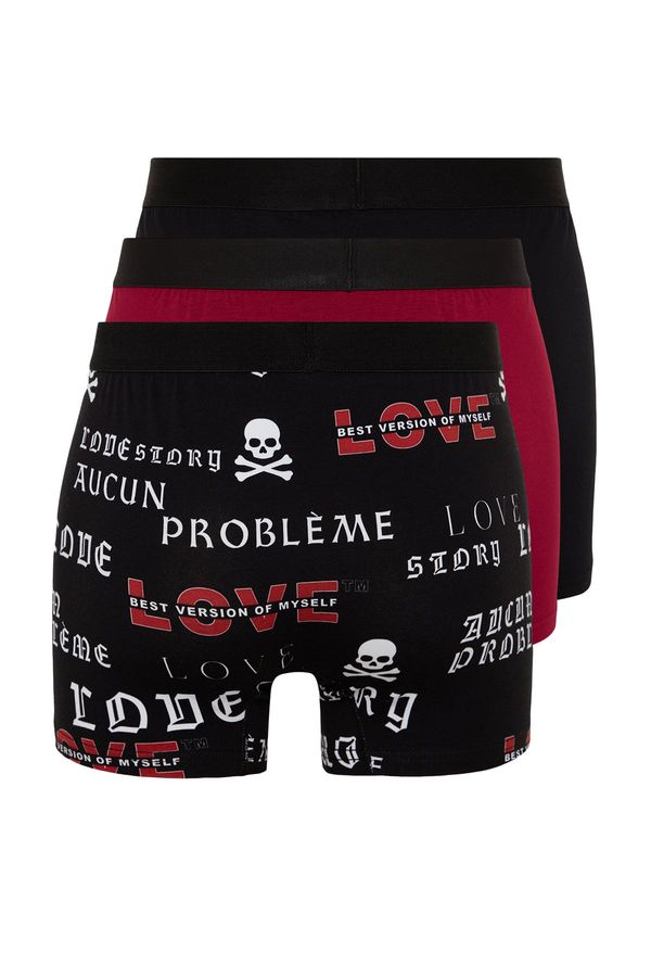 Trendyol Trendyol Multicolored 3-Piece Skull Patterned-Plain Pack Cotton Boxer