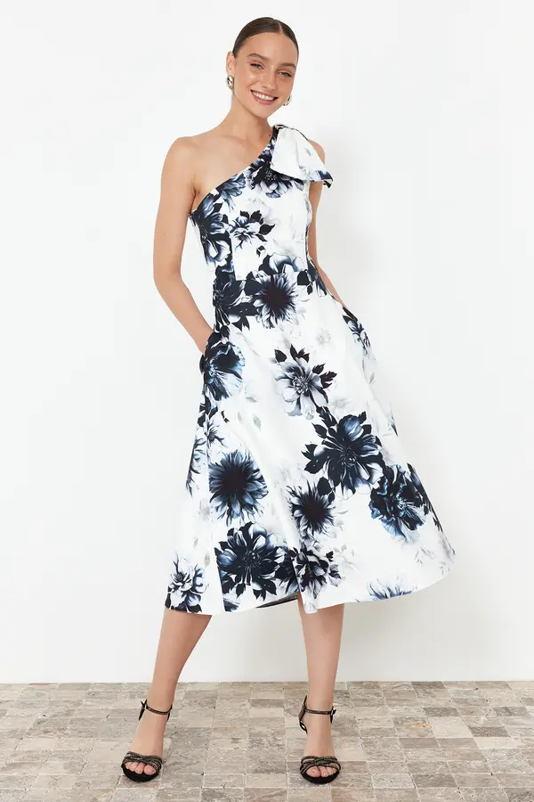 Trendyol Trendyol Multicolored A-Cut Bow Detailed Woven Elegant Evening Dress