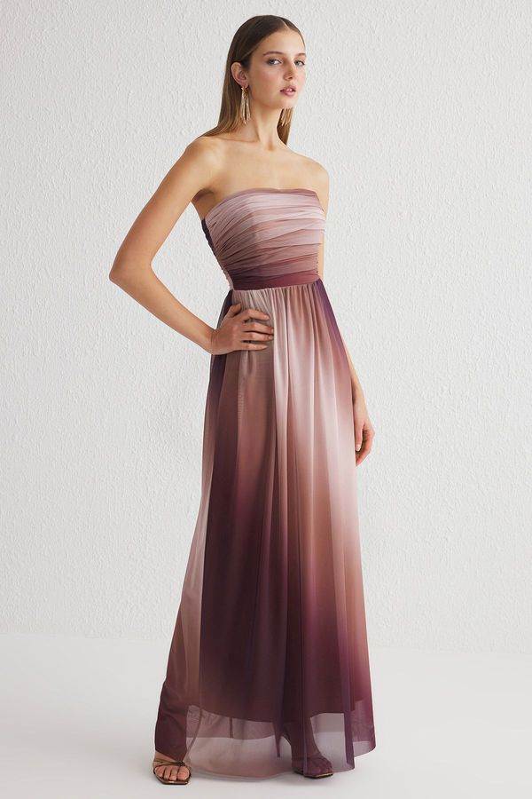 Trendyol Trendyol Multicolored A-Line Drape Detail Tulle Knitted Long Elegant Evening Dress