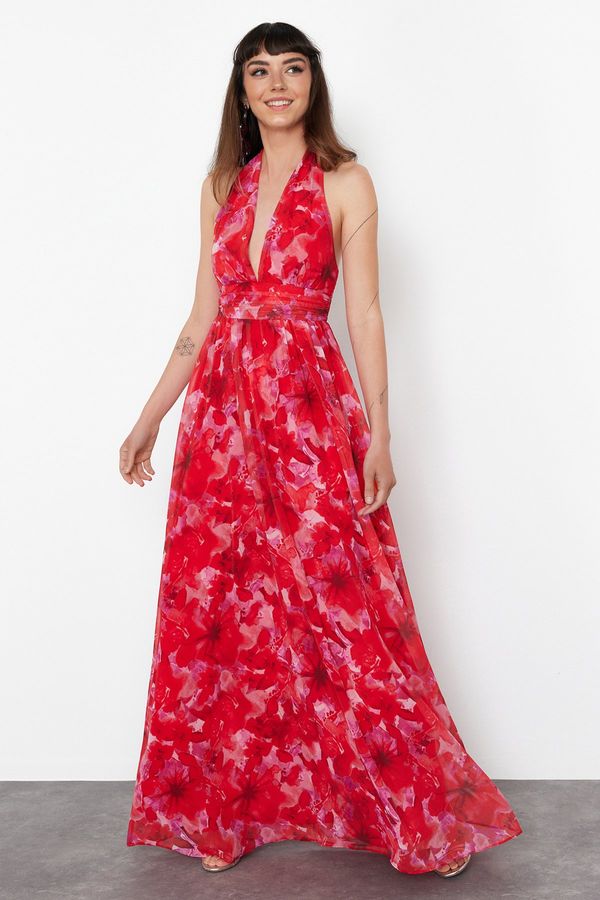 Trendyol Trendyol Multicolored A-Line Floral Patterned Deep V-Neck Woven Long Evening Dress