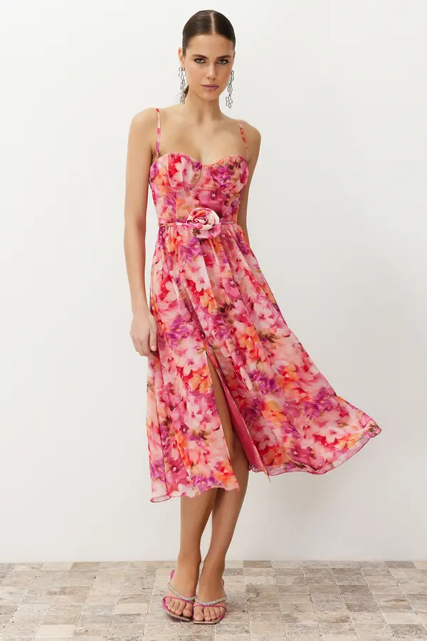 Trendyol Trendyol Multicolored A-Line Rose Detailed Woven Dress