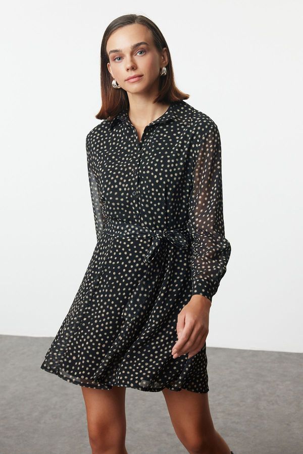 Trendyol Trendyol Multicolored Belted Polka Dot Waist Opening Lined Mini Chiffon Woven Winter Dress