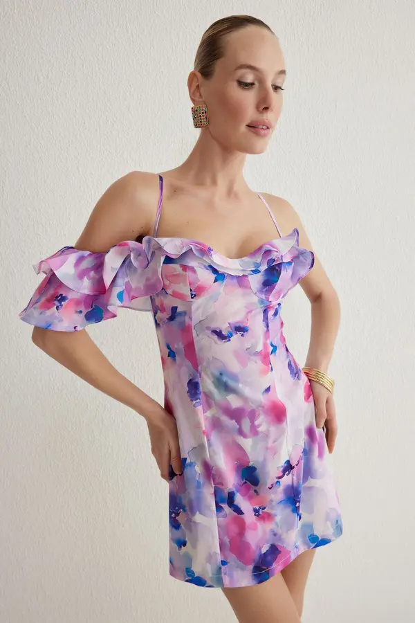 Trendyol Trendyol Multicolored Bodycon Frilled Floral Patterned Woven Short Elegant Dress