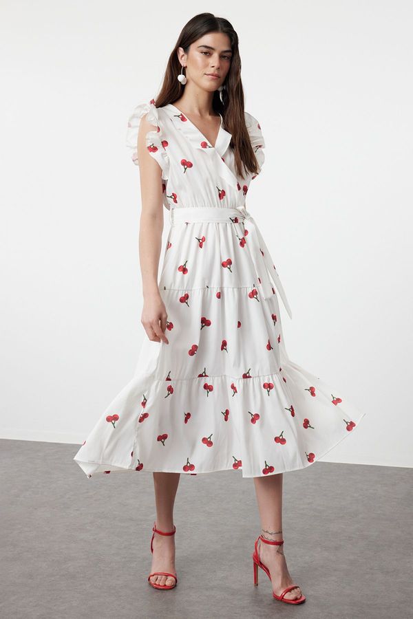 Trendyol Trendyol Multicolored Floral Cherry Belted A-Line Double Breasted Collar Woven Dress