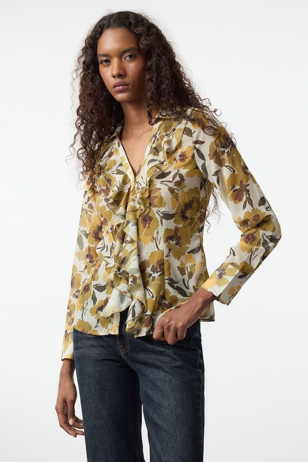 Trendyol Trendyol Multicolored Floral Patterned Ruffle Collar Fitted Waist Woven Shirt