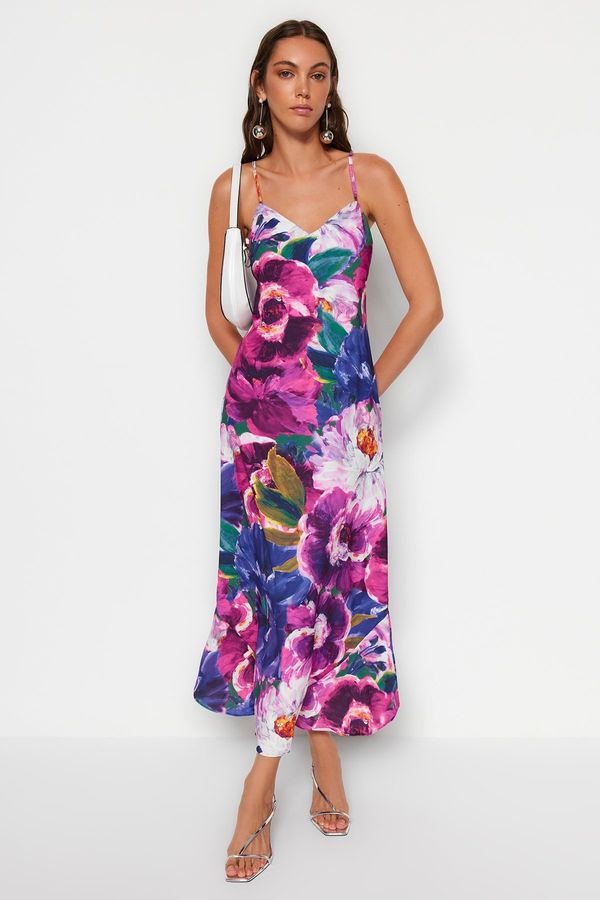 Trendyol Trendyol Multicolored Flower Print Straight Cut Strap Midi Satin Woven Dress