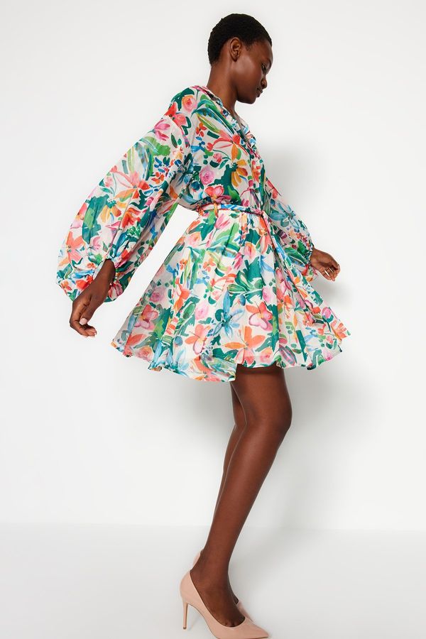 Trendyol Trendyol Multicolored Flower Print Waist Opening Shirt Collar Mini Lined Chiffon Woven Dress