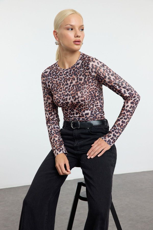 Trendyol Trendyol Multicolored Leopard Animal Patterned Fitted/Fits Body Gathered/Drape Detailed Knitted Blouse