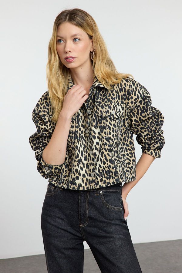 Trendyol Trendyol Multicolored Leopard Print Brown Crop Denim Jacket