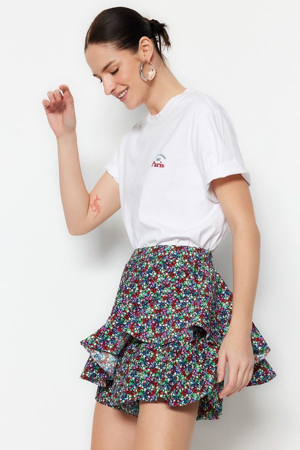 Trendyol Trendyol Multicolored Ribbon Patterned High Waist Mini Knitted Shorts Skirt