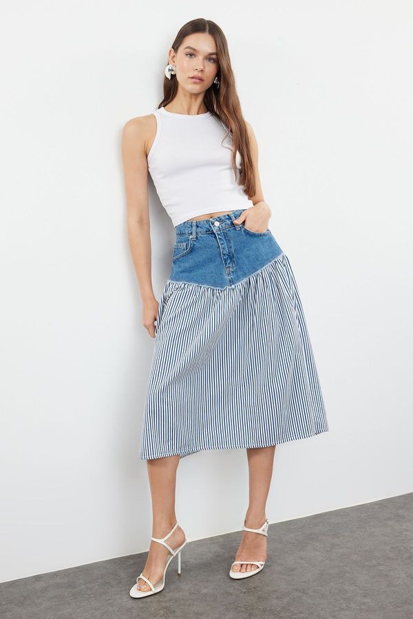 Trendyol Trendyol Multicolored Striped Color Blocked High Waist Midi Denim Skirt