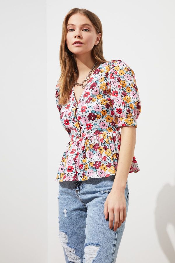 Trendyol Trendyol Multicolored Woven Balloon Sleeve V-Neck Floral Shirt