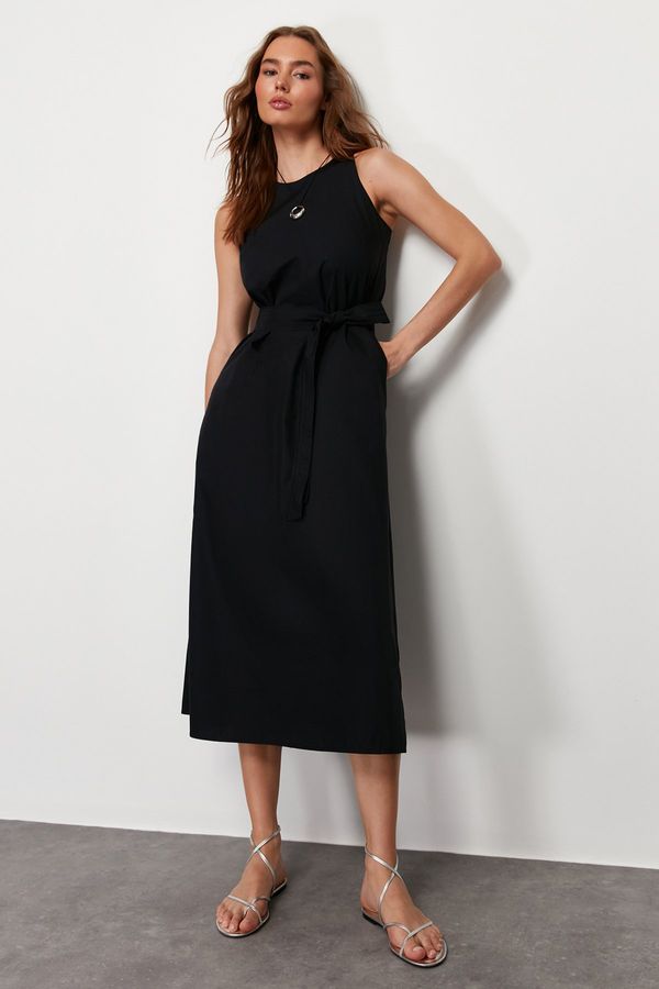 Trendyol Trendyol Navy Belted 100% Cotton Poplin Pocket Midi Woven Dress