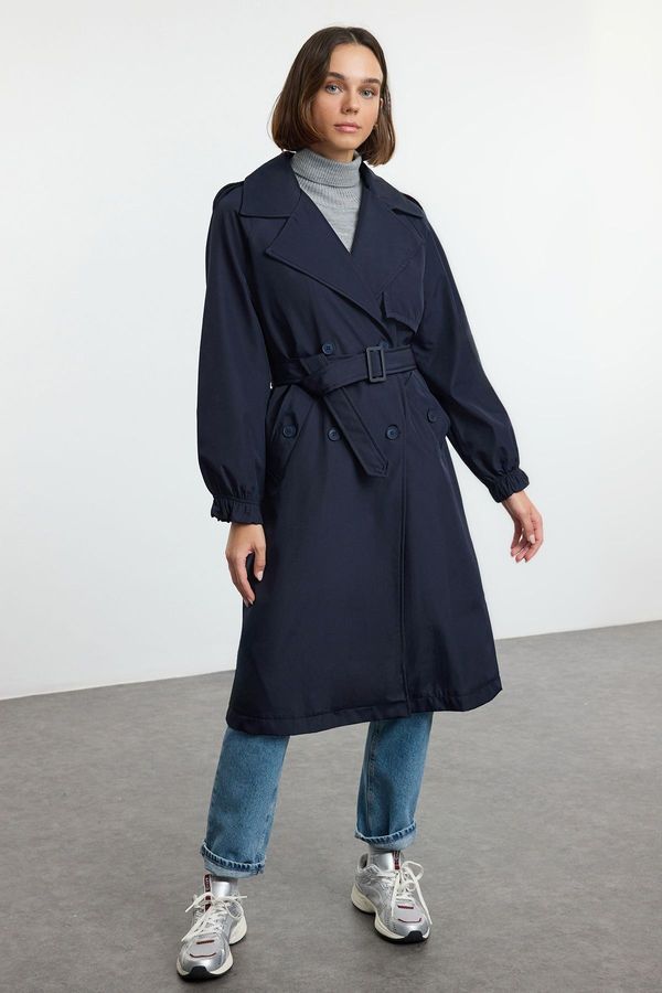 Trendyol Trendyol Navy Belted Oversize Long Trench Coat