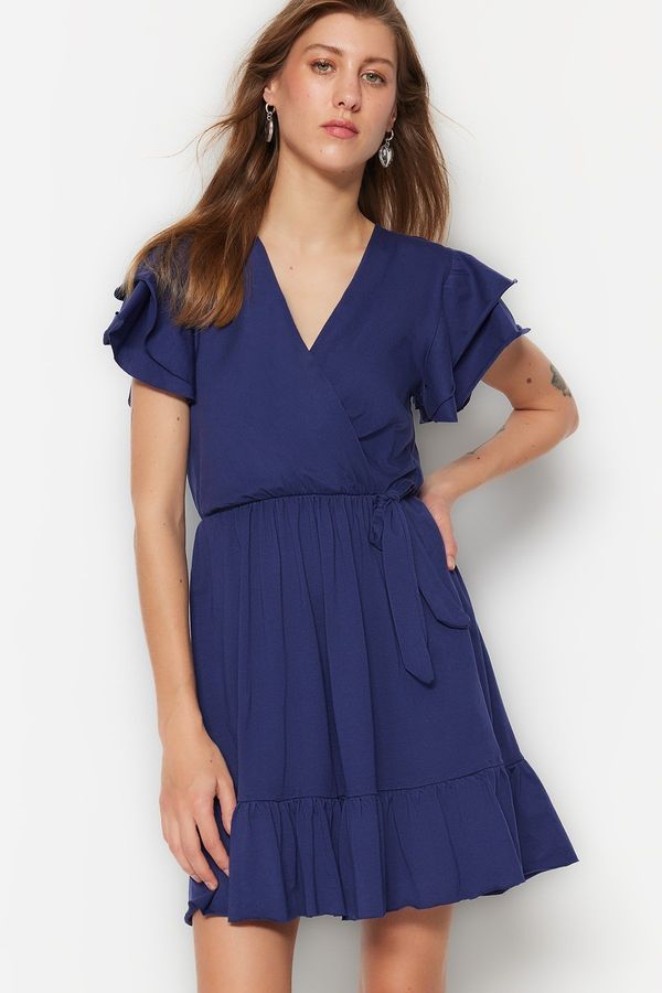 Trendyol Trendyol Navy Blue 100% bombažni ruffle Podrobna dvoprsna mini pletena obleka z ostrimi detajli na rokavih