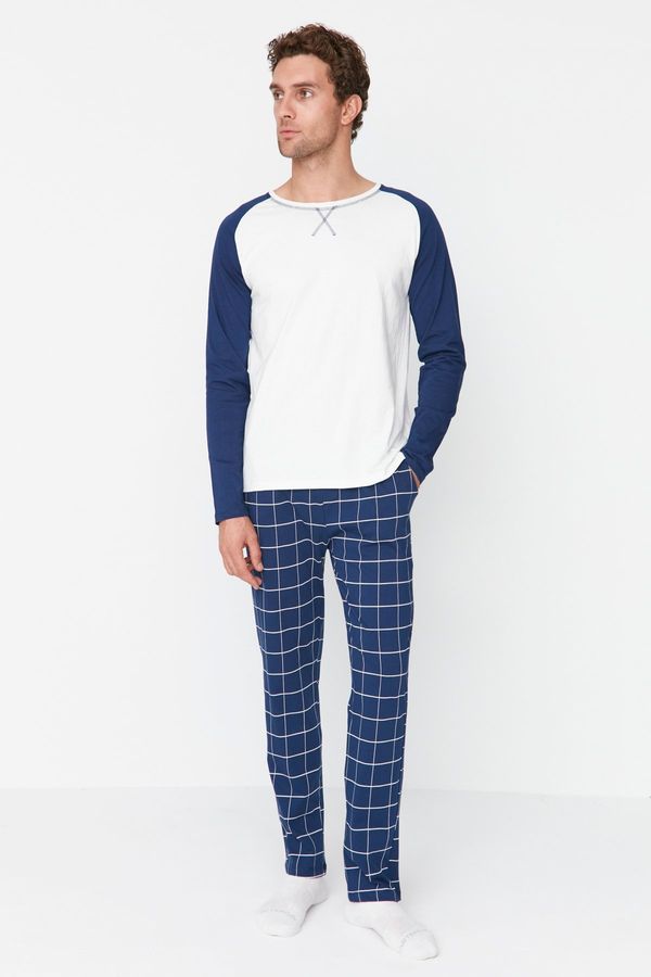 Trendyol Trendyol Navy Blue 100% Cotton Plaid Knitted Pajama Set