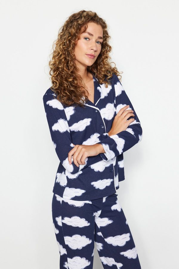 Trendyol Trendyol Navy Blue 100% Cotton Shirt-Pants Knitted Pajamas Set