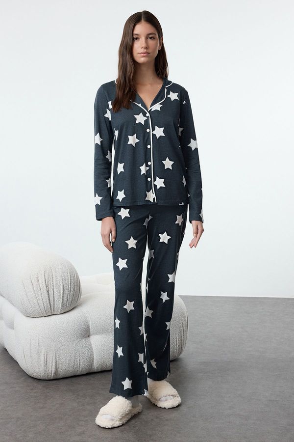 Trendyol Trendyol Navy Blue 100% Cotton Star Patterned Piping Detailed Knitted Pajamas Set