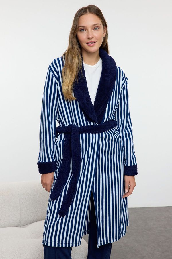 Trendyol Trendyol Navy Blue 100% Polyester Striped Polar Fleece Knitted Dressing Gown