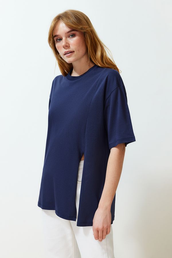 Trendyol Trendyol Navy Blue 100% Supreme Slit Oversize/Wide Mold Asymmetrical Knitted T-Shirt