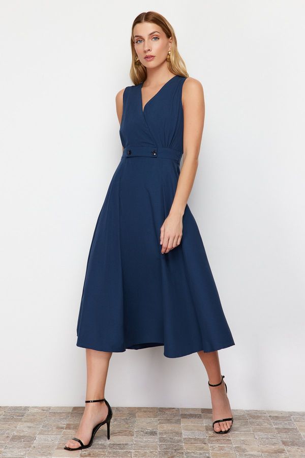 Trendyol Trendyol Navy Blue A-line Double Breasted Collar Button Detail Midi Woven Dress