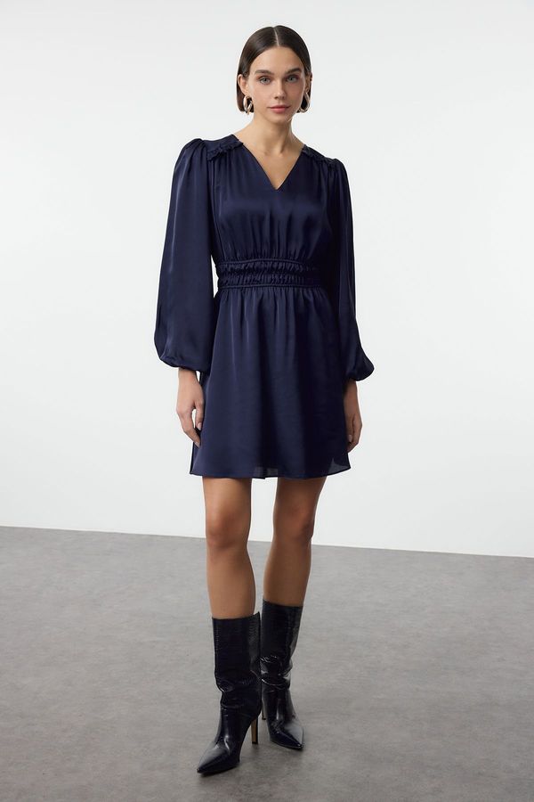 Trendyol Trendyol Navy Blue A-Line V-Neck Satin Mini Woven Dress