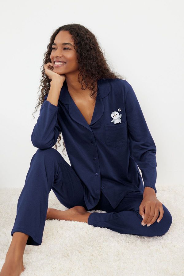 Trendyol Trendyol Navy Blue Animal Button Jersey Knitted Pajama Set